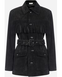 Saint Laurent Giacca in pelle scamosciata con frange - Nero
