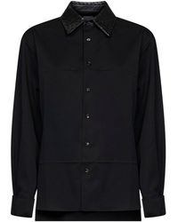 Bottega Veneta - Wool Shirt With Intrecciato Leather Collar - Lyst