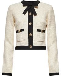Self-Portrait - Cream Sequin Knit Pussy Bow Cardigan - Lyst
