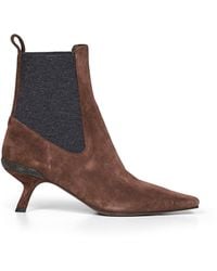 Brunello Cucinelli - Espresso Suede Heeled Ankle Boots With Precious Details - Lyst