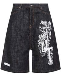 PDF - Dark Printed Cotton Denim Biker Shorts - Lyst