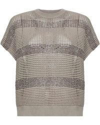 Brunello Cucinelli - Sand Cotton Net Knit Sweater With Dazzling Stripes - Lyst