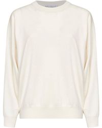 Brunello Cucinelli - Ivory Cashmere Knit Crewneck Sweater With Monili - Lyst