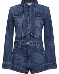 Self-Portrait - Stretch Denim Frill Playsuit - Lyst