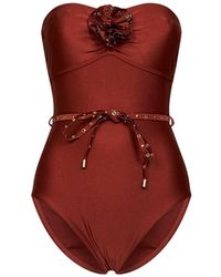 Zimmermann - Tan Lycra Indra One-Piece Swimsuit With Flower Detail - Lyst