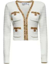 Self-Portrait - Cream Knit Lurex Trim Cardigan - Lyst