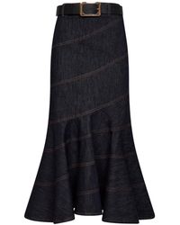 Self-Portrait - Denim Belted Midi Skirt - Lyst