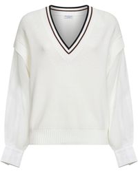 Brunello Cucinelli - Ribbed Cotton Knit Sweater With Organza Sleeves - Lyst