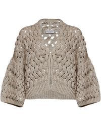 Brunello Cucinelli - Sand Silk And Linen Blend Knit Dazzling Waves Cardigan - Lyst