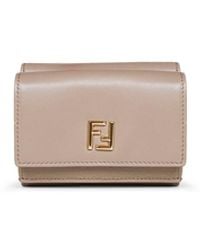 Fendi - Taupe Grained Leather Mini Trifold Ff Wallet - Lyst