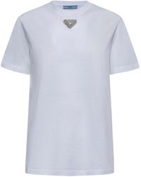 Prada - Rhinestones Plaque Cotton T-Shirt - Lyst