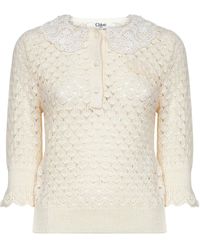 Chloé - Ivory Knit Polo Shirt With Lace Collar - Lyst