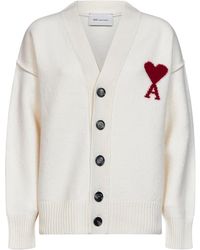 Ami Paris - Ecru Felted Merino Wool Ami De Cœur Cardigan - Lyst