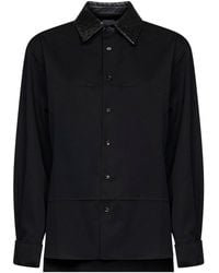 Bottega Veneta - Wool Shirt With Intrecciato Leather Collar - Lyst