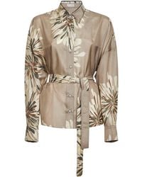 Brunello Cucinelli - Khaki Bloom Print Pongée Belted Shirt With Monili - Lyst