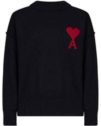 Ami Paris - Felted Merino Wool Ami De Cœur Crewneck Sweater - Lyst