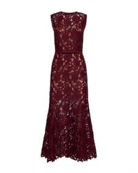 Self-Portrait - Self Portrait Burgundy Guipure Lace Belted Midi Dress - Lyst