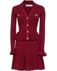 Self-Portrait - Self Portrait Burgundy Pointelle Knit Long-Sleeved Mini Dress - Lyst