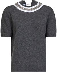 Prada - Slate Wool Knit Sweater With Embroidered Collar - Lyst