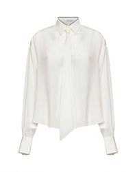Brunello Cucinelli - Natural Crêpe De Chine Shirt With Tie And Shiny Collar - Lyst