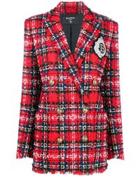 Balmain Blazer in tweed misto lana tartan - Rosso
