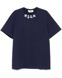 MSGM - Blu Cotton T-Shirt With Logo On The Crew Neck - Lyst