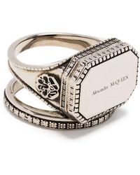 Alexander McQueen Engraved Logo Signet Ring Silver - White