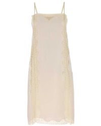 Prada - Lace-Trimmed Linen Midi Dress - Lyst
