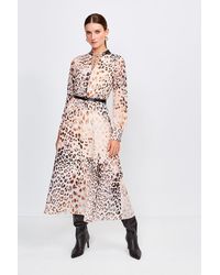 Karen Millen - Leopard And Pu Trim Midi Dress - Lyst