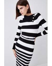Karen Millen - Buttoned Collar Stripe Viscose Blend Knitted Midi Dress - Lyst
