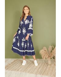 Yumi' - Navy Viscose Midi Dress With Long Sleeves - Lyst