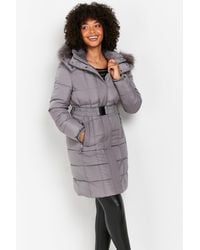 Wallis - Grey Faux Fur Hood Quilted Coat - Lyst
