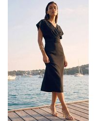 WOVCOR - Pearl Accessory Detail V-Neck Angel Sleeve Bodycon Belted Midi Dress - Lyst