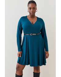 Karen Millen - Plus Size Belted Viscose Blend Long Sleeve Jersey Mini Dress - Lyst