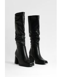 Boohoo - Wide Fit Block Heel Ruched Knee High Boot - Lyst