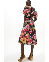 Coast - Floral High Neck Midi Dress With Puff Sleeves - Lyst