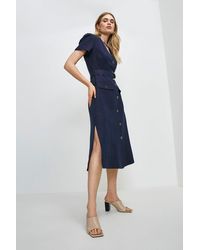 Karen Millen - Linen Blend Multi Stitch Belted Midi Dress - Lyst