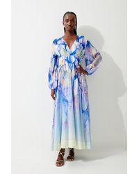 Karen Millen - Petite Ombre Floral Silk Cotton Plunge Maxi Dress - Lyst