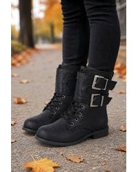 Spot on - Buckle Detail Lace Up Mid Calf Boots - Lyst