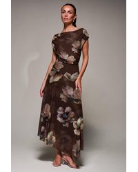 Jolie Moi - Mesh Asymmetrical Draped Maxi Dress - Lyst