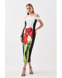 Karen Millen - Italian Signature Stretch Bardot Blurred Floral Print Midi Dress - Lyst