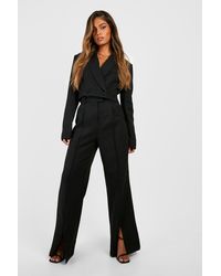 Boohoo - Textured Split Front Wide Leg Tailored Trousers - Lyst