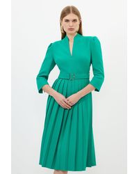 Karen Millen - Tailored Structured Crepe High Neck Pleated Midi Dress - Lyst