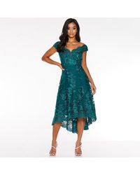 bottle green bardot dip hem dress