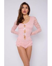 Stylewise - Lace Frill Detail Open Back Long Sleeve Playsuit - Lyst