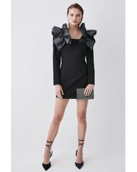 Karen Millen - Structured Crepe Jacquard Ruffle Shoulder Mini Dress - Lyst