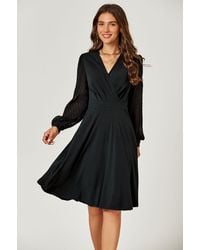 FS Collection - V Neck Midi Dress With Sheer Long Sleeve - Lyst