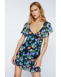 Nasty Gal - Foiled Floral Print Ruffle Hem Mini Dress - Lyst