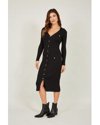 Mela - Black Knitted Fitted Midi Dress With Buttons - Lyst