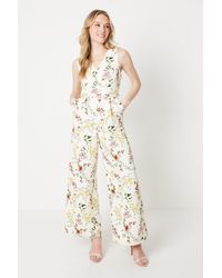 Oasis - Ivory Floral Ottoman Twill Belted Wide Leg Jumpsuit - Lyst